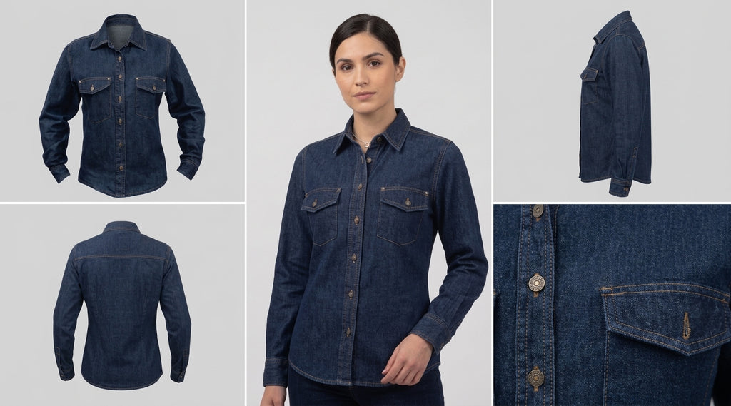Camisa jean dama: vistas frontal, lateral, posterior y detalles