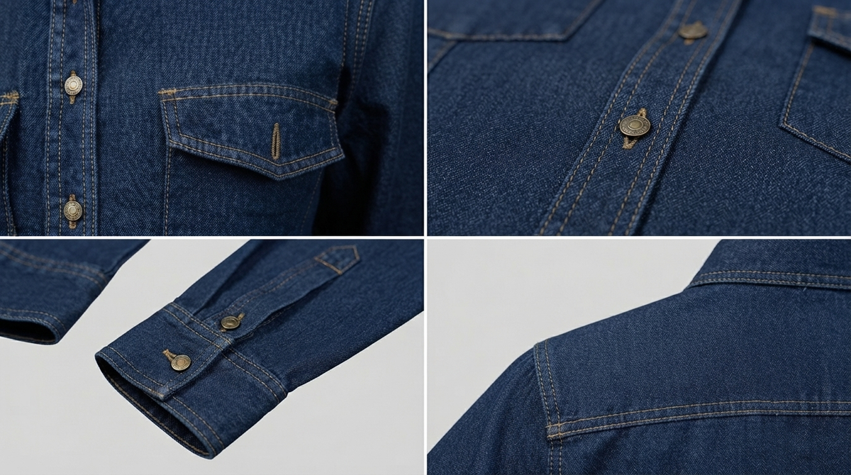 Camisa jean dama: detalles de bolsillo, botones, puño y costuras