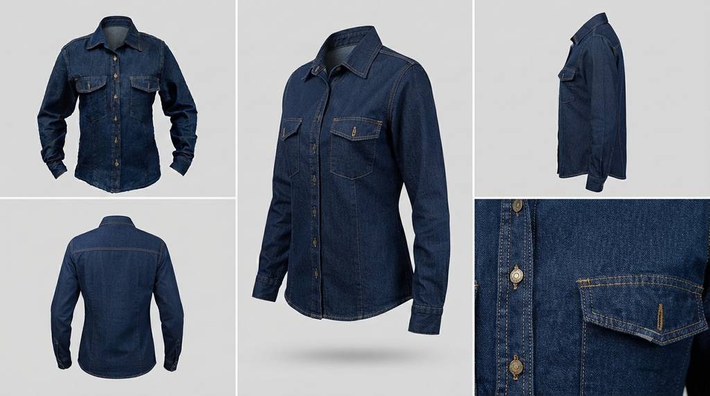 Camisa jean dama: vistas frontal, lateral y posterior