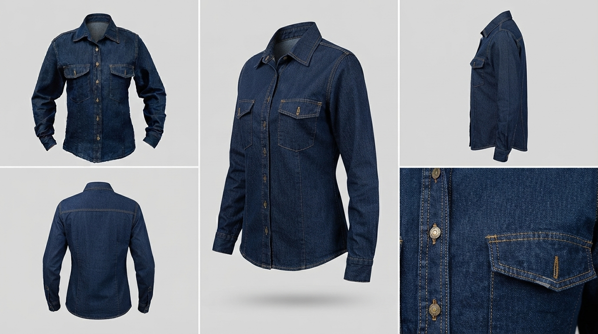 Camisa jean dama: vistas frontal, lateral y posterior