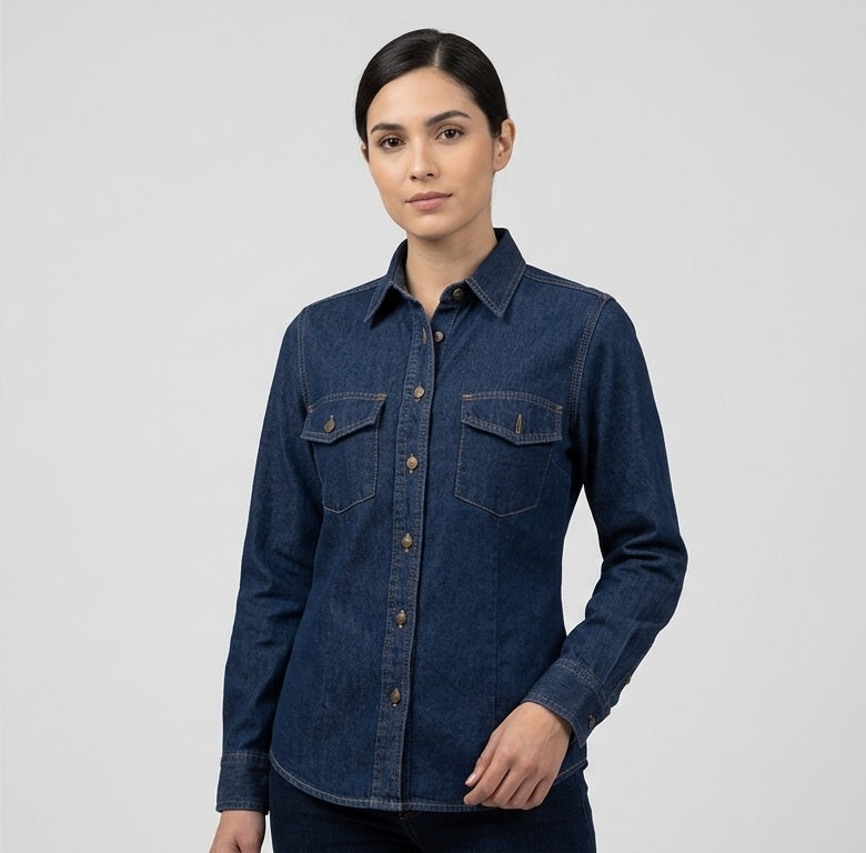 Camisa jean dama 7 oz con modelo: vista frontal