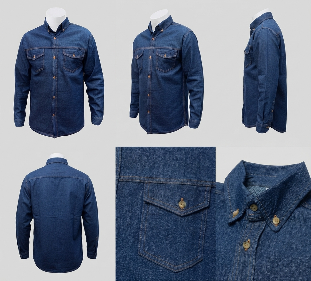 Camisa jean hombre: vistas frontal, lateral, posterior y detalles