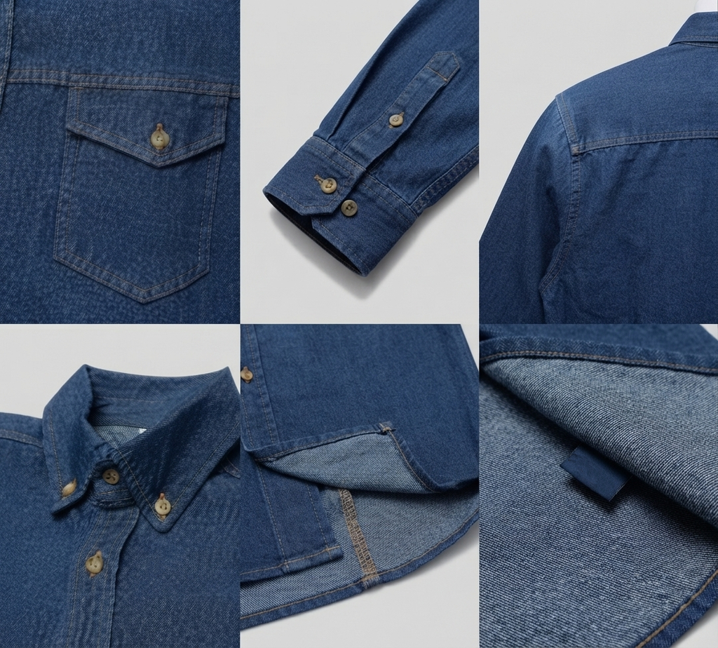 Camisa jean hombre: detalles de bolsillo, puño, cuello y costuras