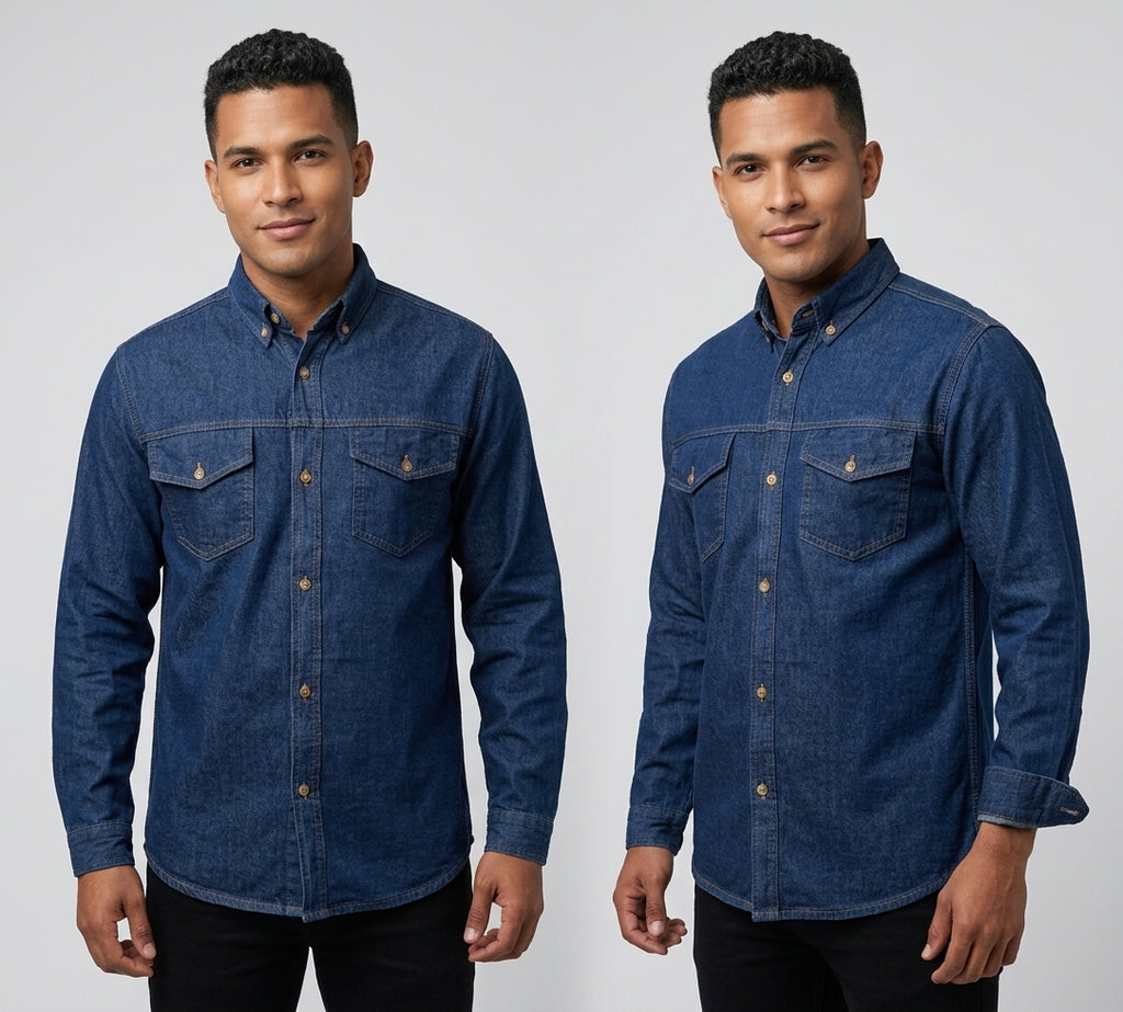 Camisa jean hombre 7 oz con modelo: vista frontal