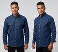 Camisa jean hombre 7 oz con modelo: vista frontal