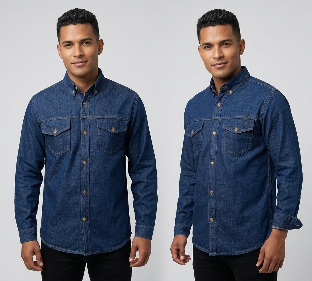 Camisa jean hombre 7 oz con modelo: vista frontal