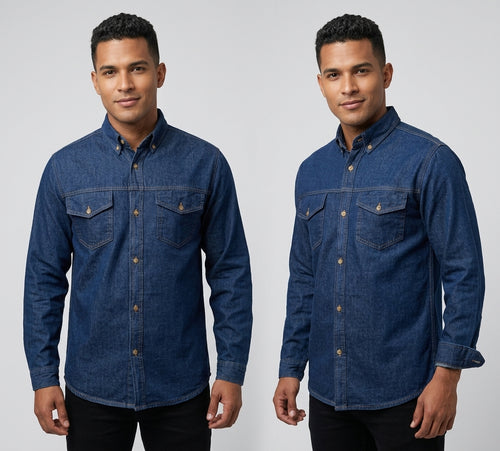 Camisa jean hombre 7 oz con modelo: vista frontal