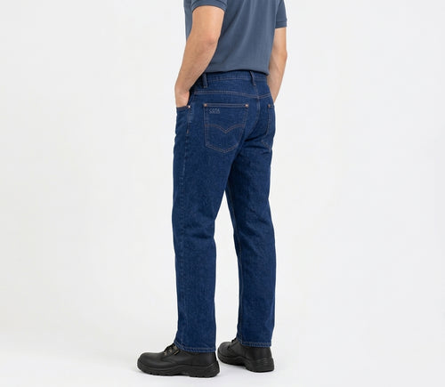 Jean índigo hombre 14 oz con modelo: vista posterior tres cuartos