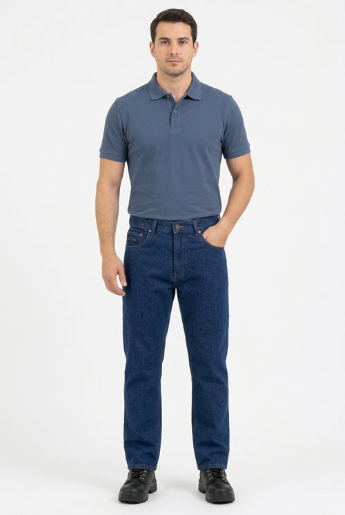 Jean índigo hombre 14 oz con modelo: vista frontal