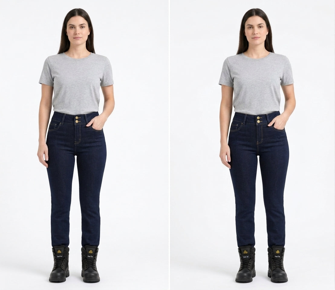 Jean licrado dama stretch con modelo: vista frontal