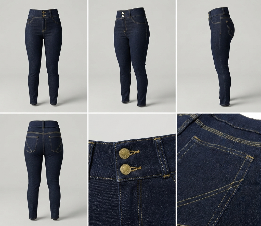 Jean licrado dama: vistas frontal, lateral, posterior y detalles