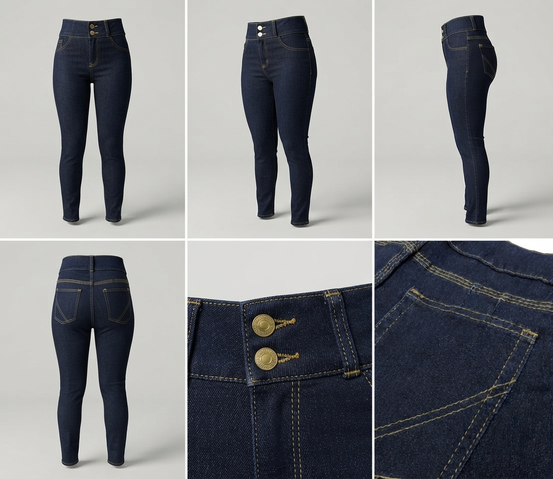 Jean licrado dama: vistas frontal, lateral, posterior y detalles