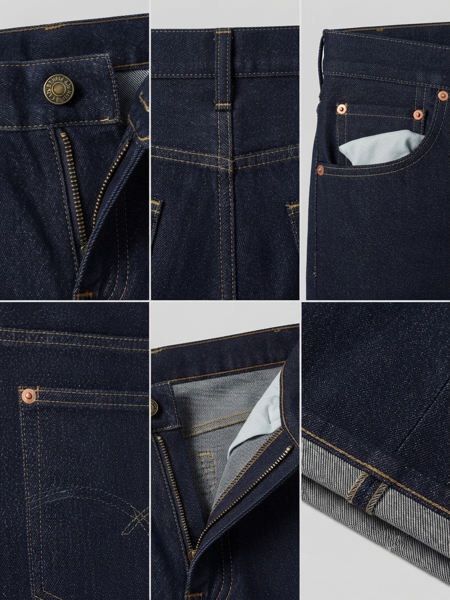 Jean mezcla hombre: detalles de cremallera, bolsillos y bota