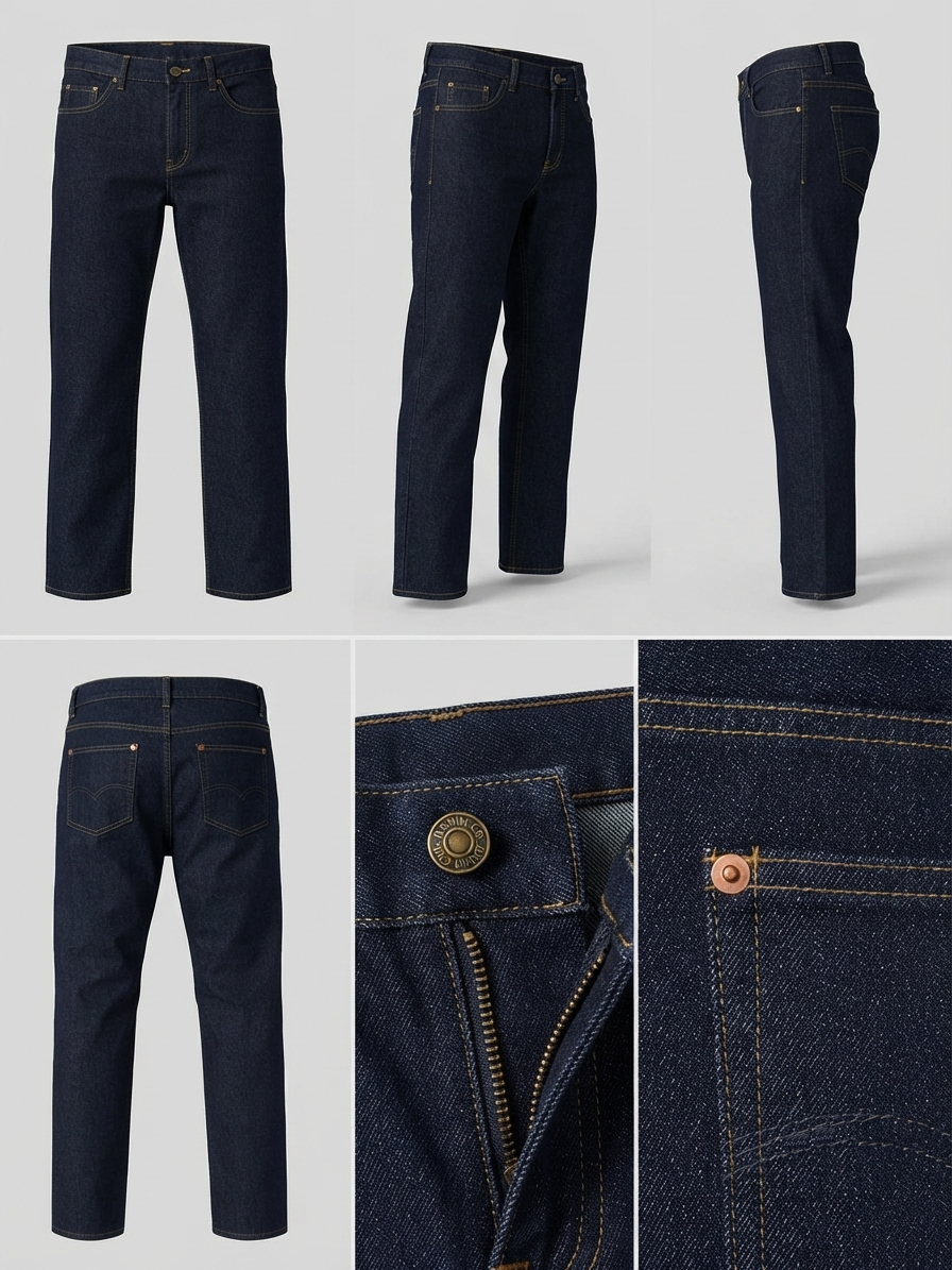 Jean mezcla hombre: vistas frontal, lateral y posterior