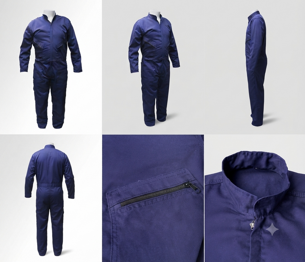 Overol enterizo en drill: vistas frontal, lateral, posterior y detalles