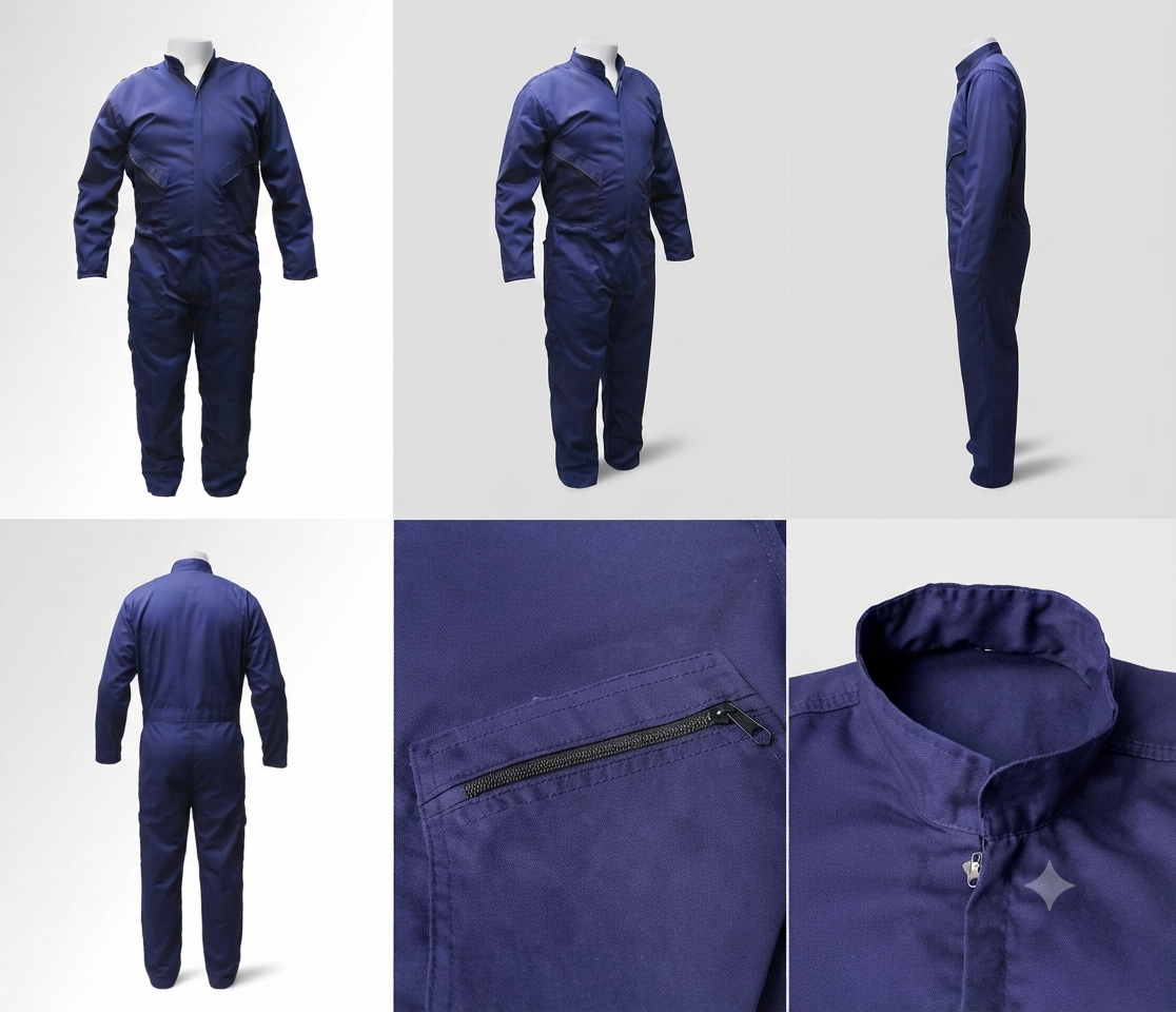 Overol enterizo en drill: vistas frontal, lateral, posterior y detalles